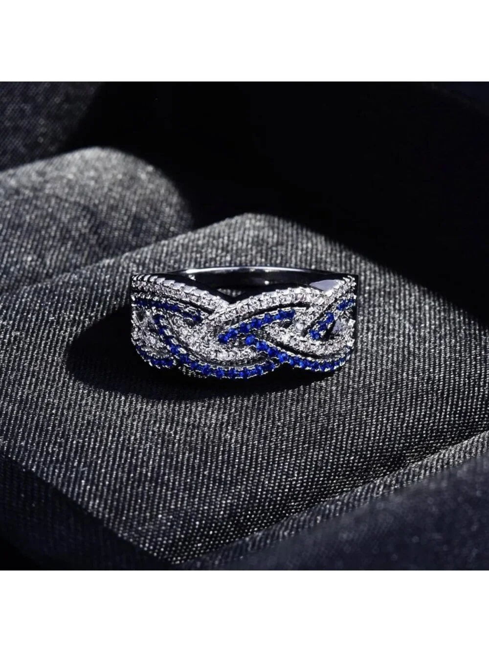 Shiny 925 Sterling Silver Diamond & Sapphire Cocktail Ring, Eternity Wedding